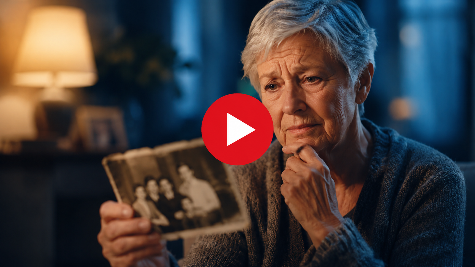 Older adult looking thoughtfully at an old family photograph